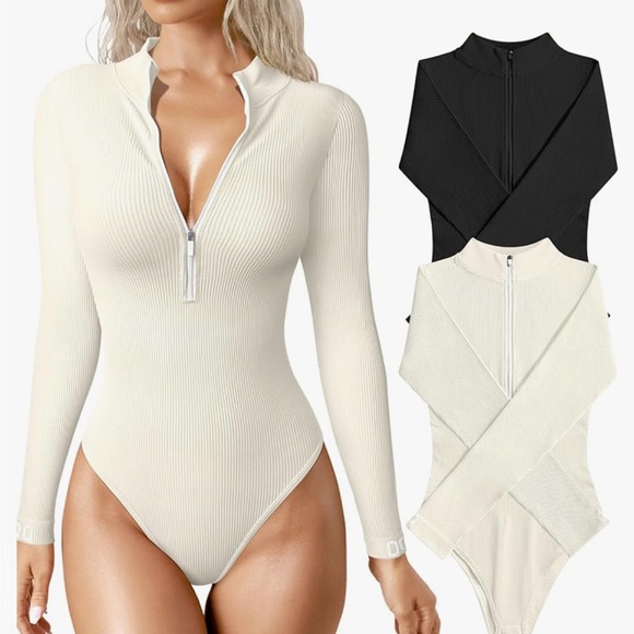 OQQ Women's Bodysuit Sexy Ribbed One Piece Zip Front Long Sleeve Tops Bodysuits - Picture 1 of 3